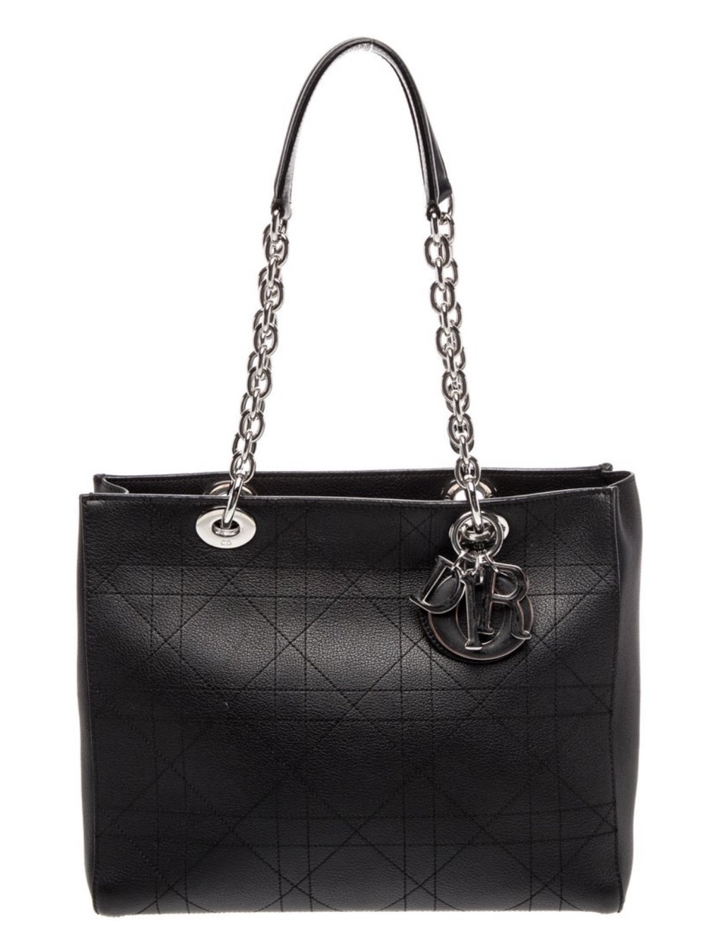 Authentic Lady Dior Black Leather Shoulder Tote with Silver Chain Handles